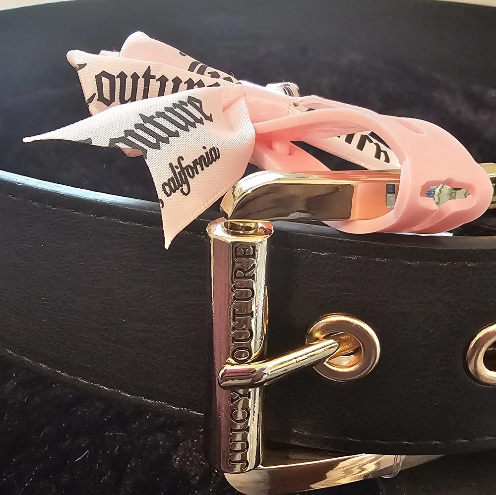 Juicy Couture Black Belt with Gold Buckle and Pink Ribbon